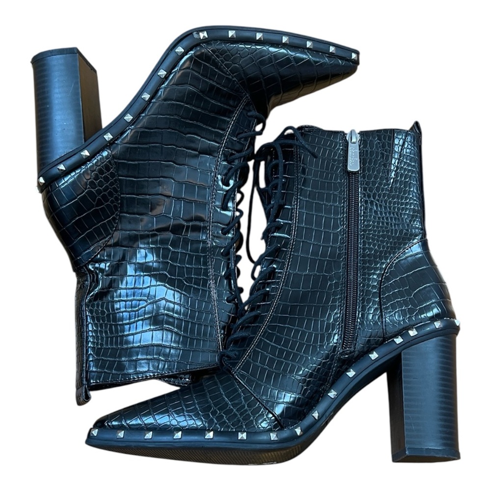 Charles David Duffy croc-embossed studded chunky heel booties Duffy